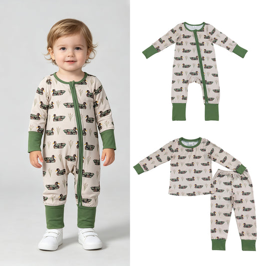 RTS NO MOQ Sibling milk silk Baby Boys Camo Duck Plaid Print Long Sleeve Top Pant  Pajama Set Rompers