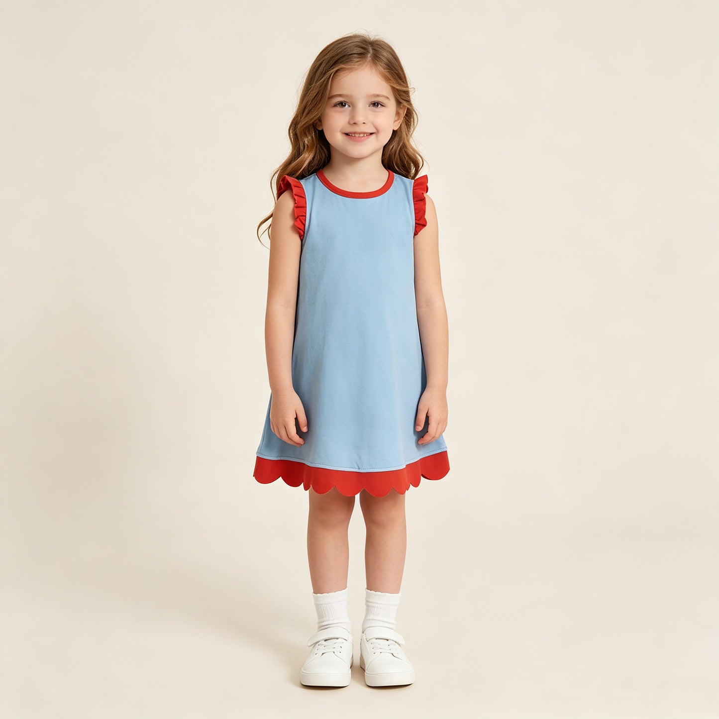 RTS NO MOQ cotton GSD4054 Baby Girls Blue Red Two Tone Sleeveless Dress With Scallop Edge