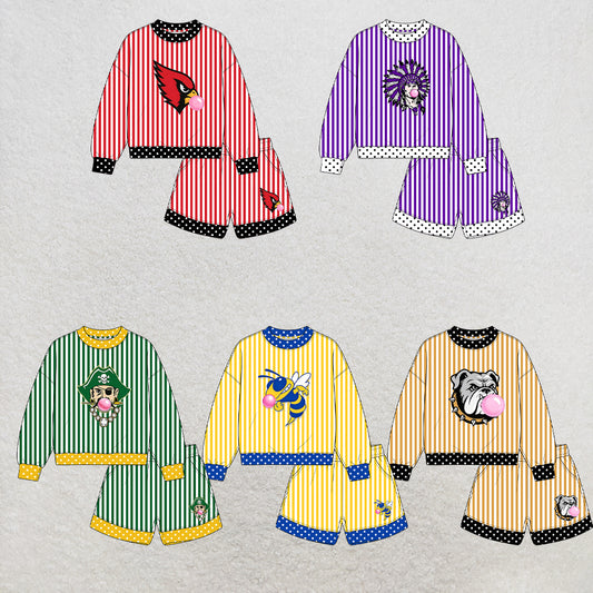 custom moq 5 mix size XY071705 Baby Kids Stripe Long Sleeve Top Shorts Team Clothes Set
