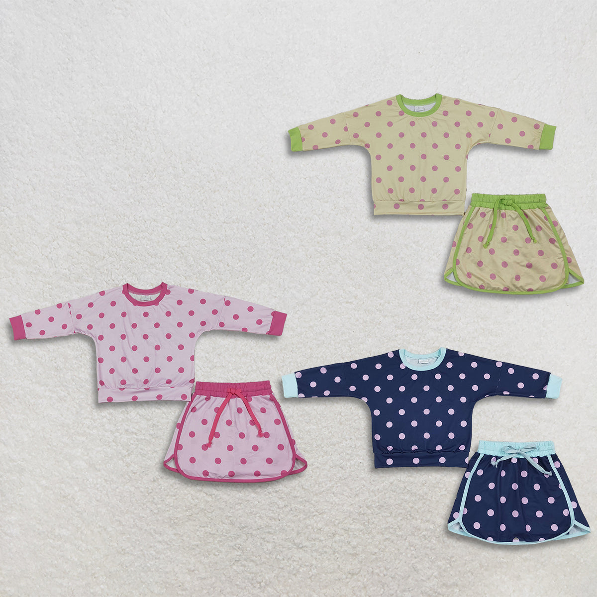 RTS NO MOQ Sibling milk silk Baby Girls Polka Dot Long Sleeve Top Drawstring Skirt Short Set