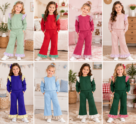 RTS NO MOQ Sibling cotton Baby Girls Solid Color Stripe Ruffle Sleeve Top Ruffle Hem Pant Clothes Set