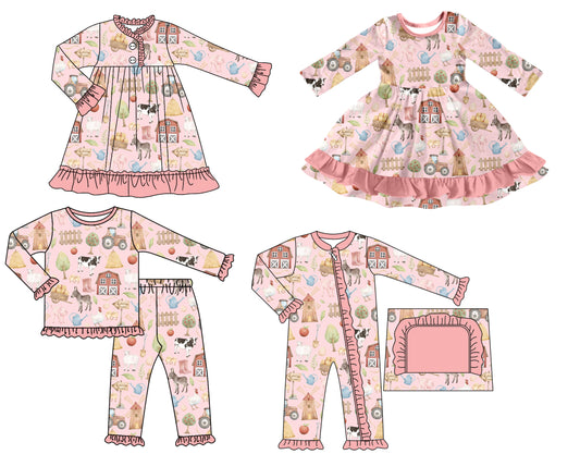 25.7.16 custom each style moq 5 eta 4-6week Sibling Sisters farm animal baby girl long sleeve pants sets and romper and dress 1 and dress 2 match family design