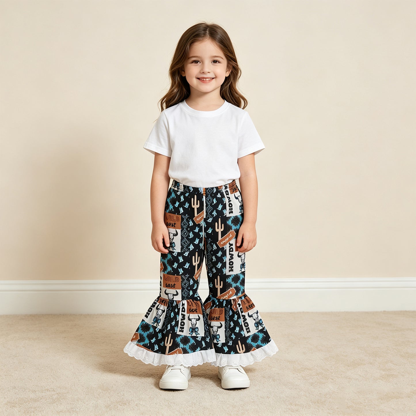 NEW RTS NO MOQ milk silk P0781 Baby Girls Blue Aztec Bow Bull Skull Plaid Bell Bottom Casual Pants