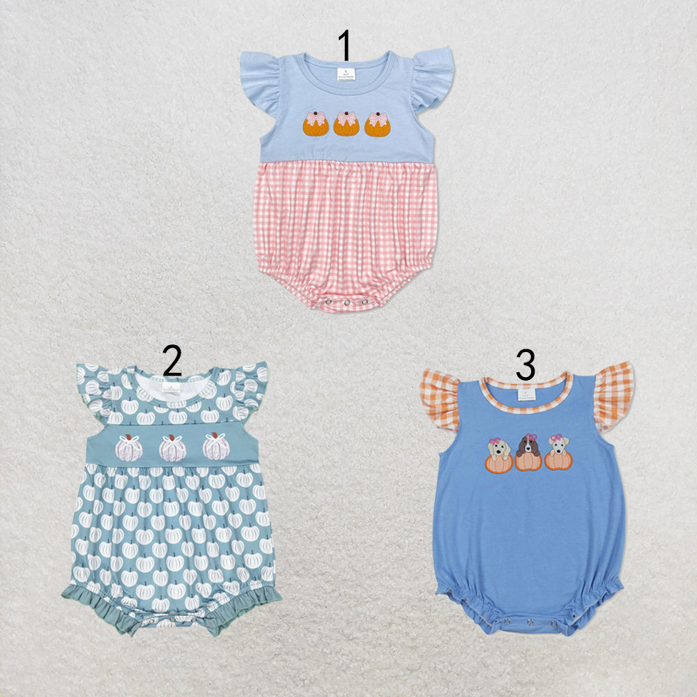 RTS NO MOQ Sibling milk silk Embroidery Pumpkins Baby Girls Flutter Sleeves Fall Rompers