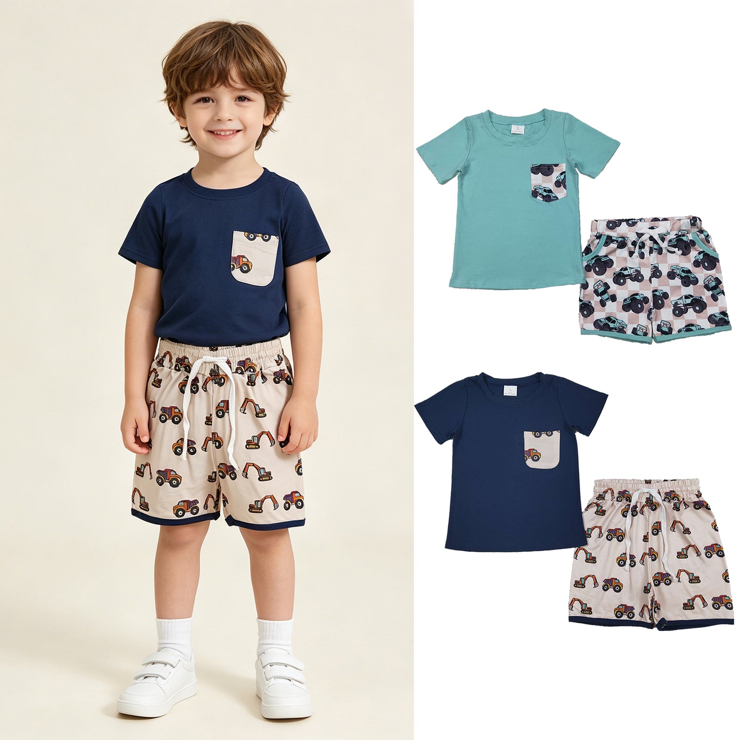 RTS NO MOQ Sibling Baby Boys Summer Light Green Pocket Top Khaki Truck Shorts Set
