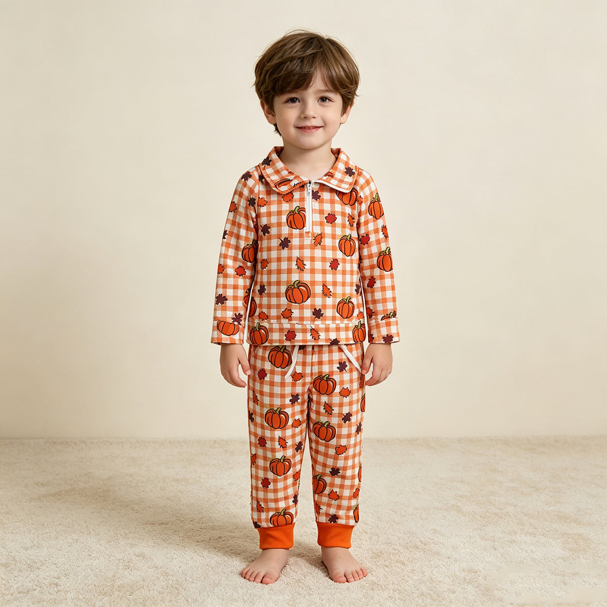 NEW RTS NO MOQ milk silk BLP1574（BT1895+P1198）Baby Boys Pumpkins Checked Print Half Zip Collar Long Sleeve Top Jogger Pant Set