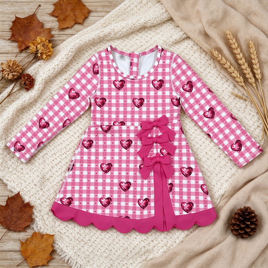 NEW RTS NO MOQ yoga fabric GLD1750 Yoga Baby Girls Valentines Day Long Sleeve Dress Checked Heart Print Bow Ruffle Hem Yoga Dress
