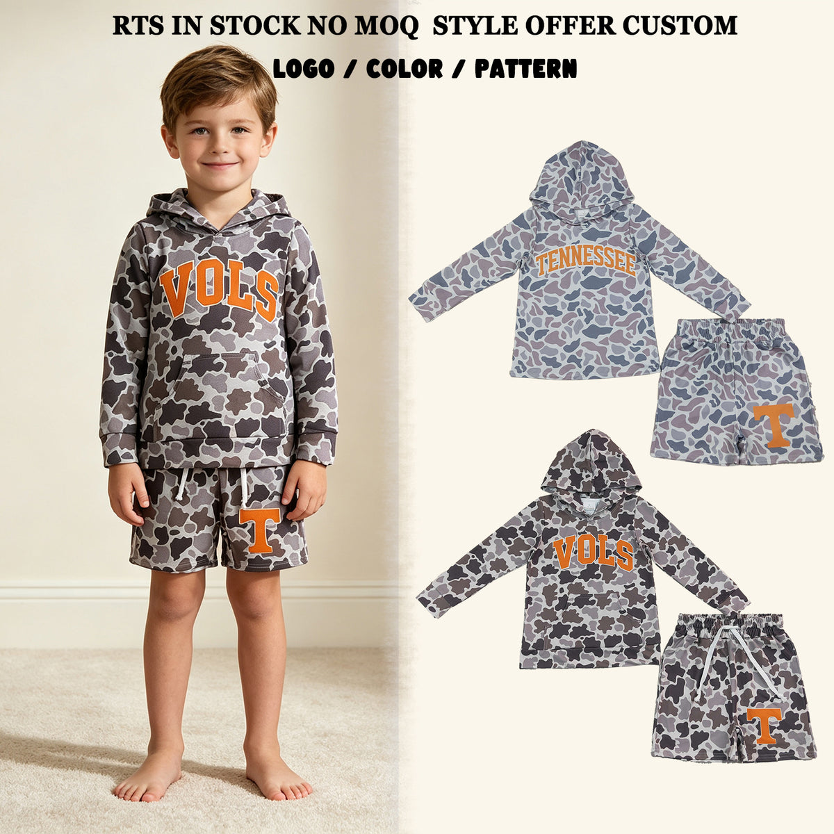 RTS NO MOQ Sibling milk silk Baby Boys Camo Long Sleeve Hoodie Pockets Shorts Casual Outfit