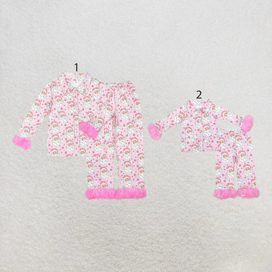 RTS NO MOQ milk silk Sibling Christmas Adult To Match Kids Pink Santa Print Fluffy Fur Trim Button Front Shirt Elastic Waist Pants Christmas Pajama Set