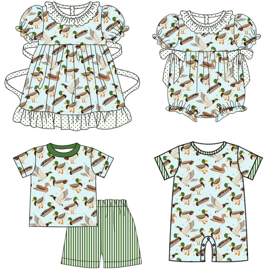 11.9 custom each style moq 5eta 4-6week Sibling Sister duck baby girl short sleeve shorts sets and girl romper and boy romper and dress match design