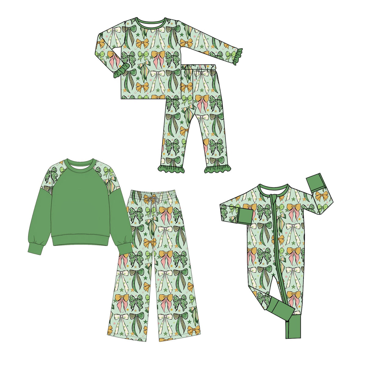 (Preorder new) No moq Baby Girls Green Bow Print Long Sleeve Pajama Sweatshirt Pants Zipper Romper Outfit