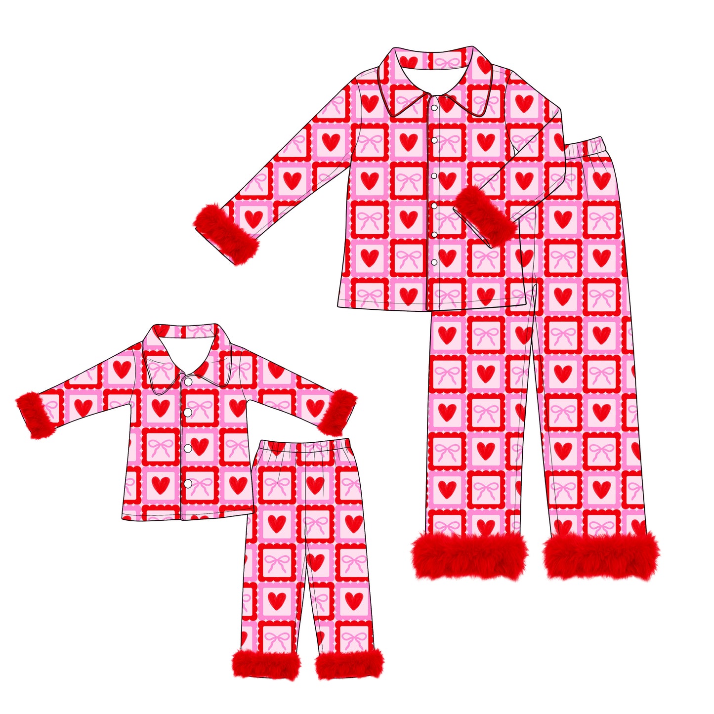 (Preorder new) No moq Adult And Kids Red Heart Bow Grid Furry Trim Matching Pajama Set