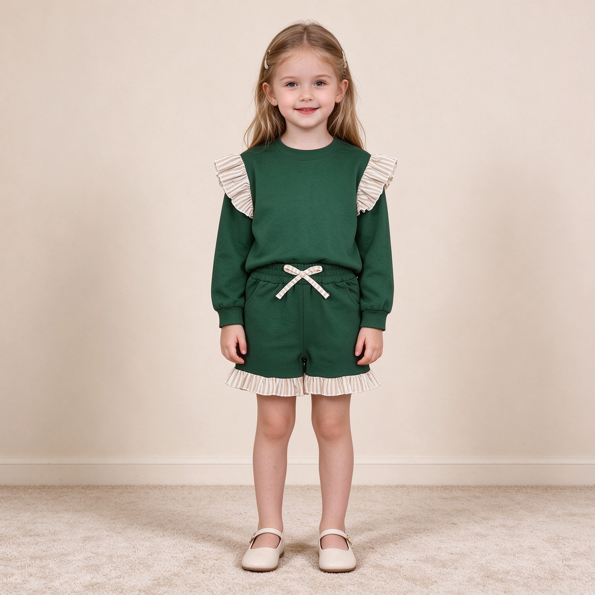NEW RTS NO MOQ cotton GLS0218（GT1845+SS0998）Baby Girls Green  Stripe Flutter Sleeve Top Pockets Ruffle Short Set