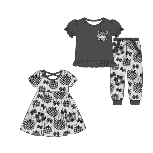 4.30 custom each style moq 5eta 4-6week Sibling Sister pumpkin bow baby girl pants sets and dress match family design