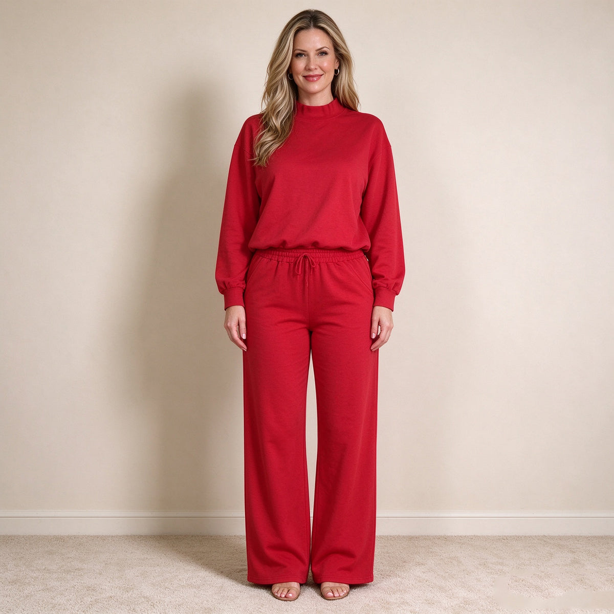 NEW RTS NO MOQ cotton GLP3417 Adult Women Red Long Sleeve Top And Flare Pant Fall Pajamas Casual Set