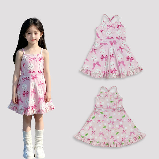 RTS NO MOQ Sibling Summer Baseball Strap Pink Bows Knee Length Yoga Casual Dress