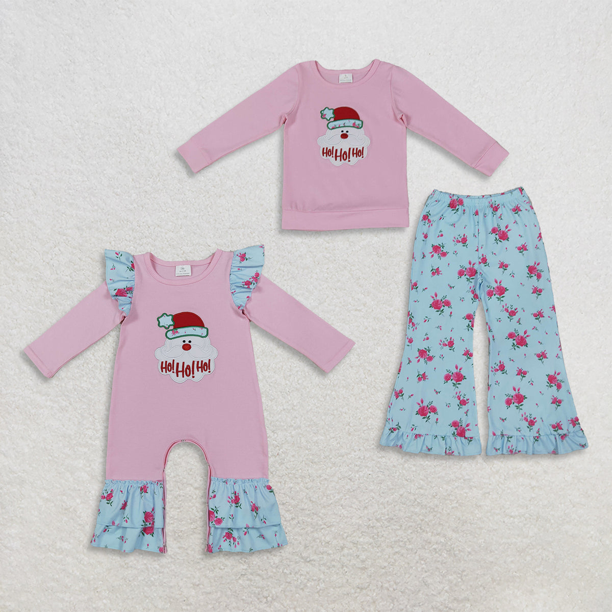 RTS NO MOQ Sibling milk silk Baby Girls Pink Santa Christmas Long-Sleeved Top And Blue Floral Ruffle Flare Pants Outfit Romper