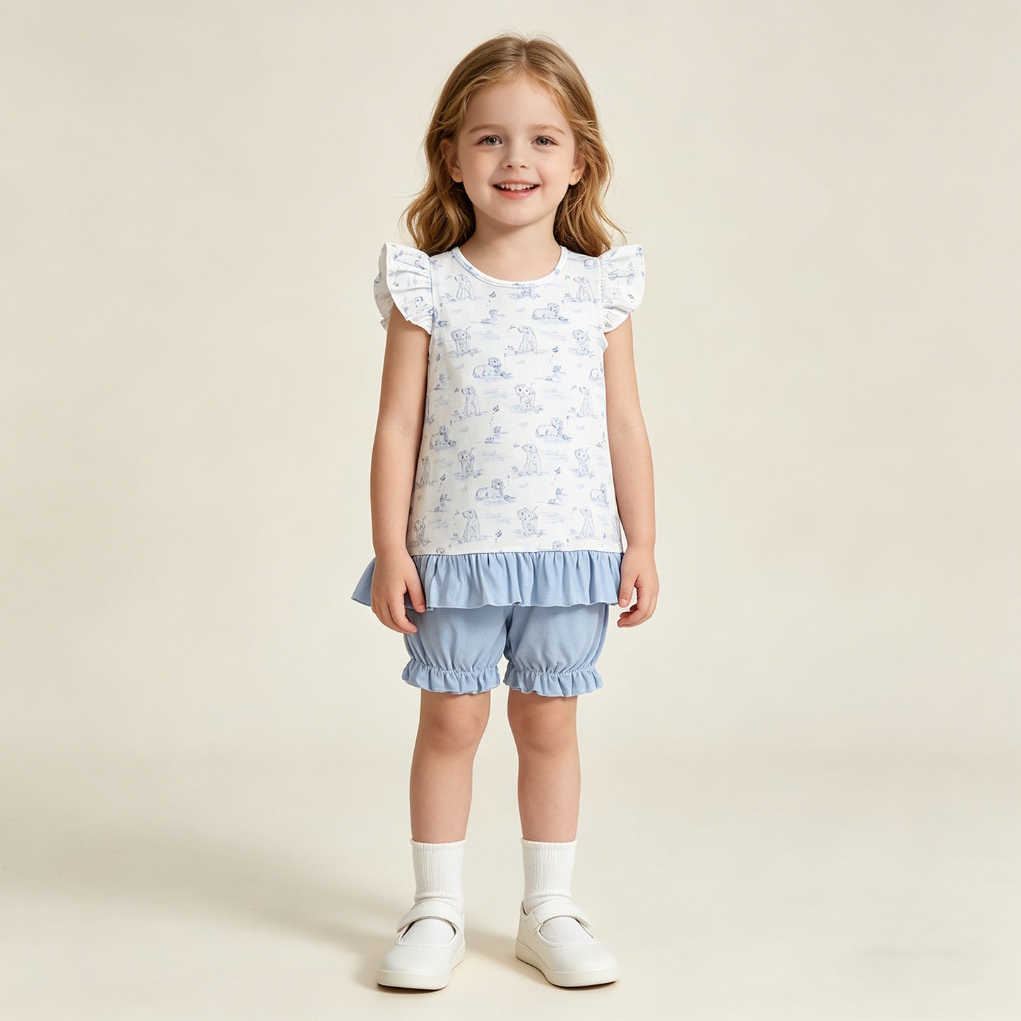 RTS NO MOQ GSSO3061 Toddler Girls Fashion Flutter Sleeve Dog Butterfly Ruffle Short Set（3-6M-6-7T）