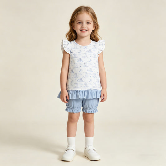 RTS NO MOQ GSSO3061 Toddler Girls Fashion Flutter Sleeve Dog Butterfly Ruffle Short Set（3-6M-6-7T）