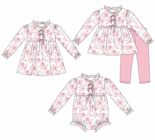 25.7.24 custom each style moq 5eta 4-6week Sibling Sisters floral baby girl long sleeve pants sets and dress and rompers match family design