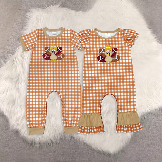 RTS NO MOQ Sibling baby Girls boy Clothes embroidery thanksgiving day turkey short sleeve rompers