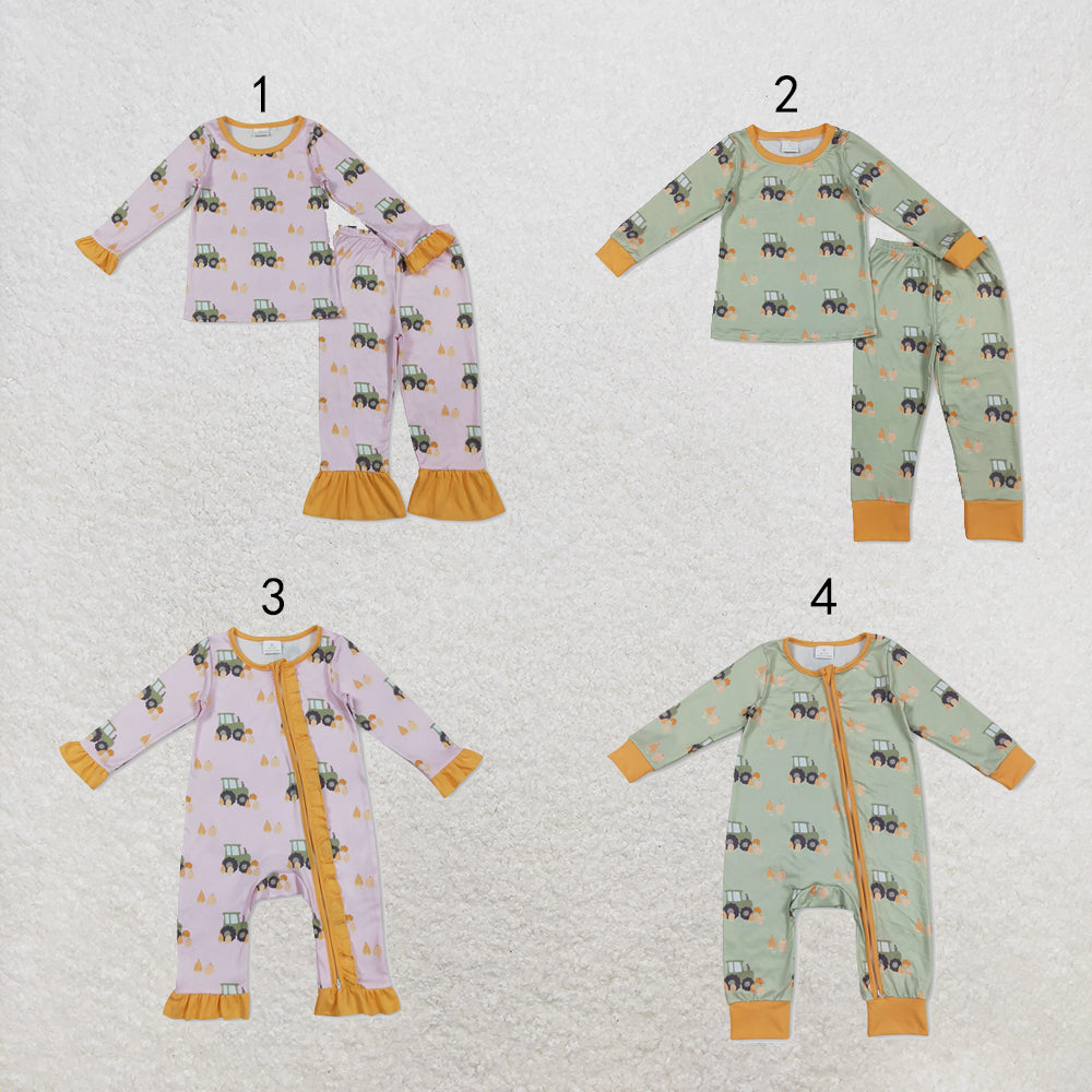 RTS NO MOQ Sibling milk silk Baby Boys Girls Pumpkins Trucks Long Sleeve Top Pants Pajamas Sets Rompers
