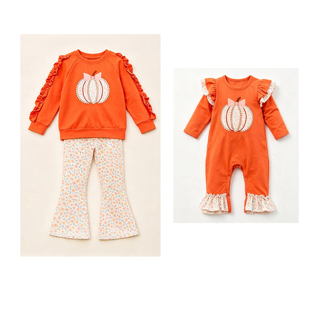 (Preorder new) No moq Baby Girls Fall Pumpkin Bow Floral Print Ruffle Sleeve Sweatshirt Bell Bottom PantsHalloween Clothes Set Romper
