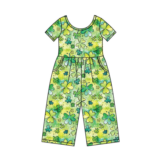 10.17 custom each style moq 5eta 4-6week baby girls clothes Four Leaf Clover green short sleeve baby girls jumpsuit