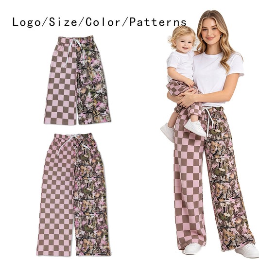 RTS NO MOQ Sibling milk silk Adult To Match Kids Split Print Checker And Camo Elastic Waist Casual Wide Leg Trousers