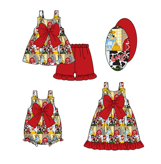 3.26 custom each style moq 5eta 4-6week Sibling Sisters farm baby girl short sleeve shorts sets and dress and rompers match family design