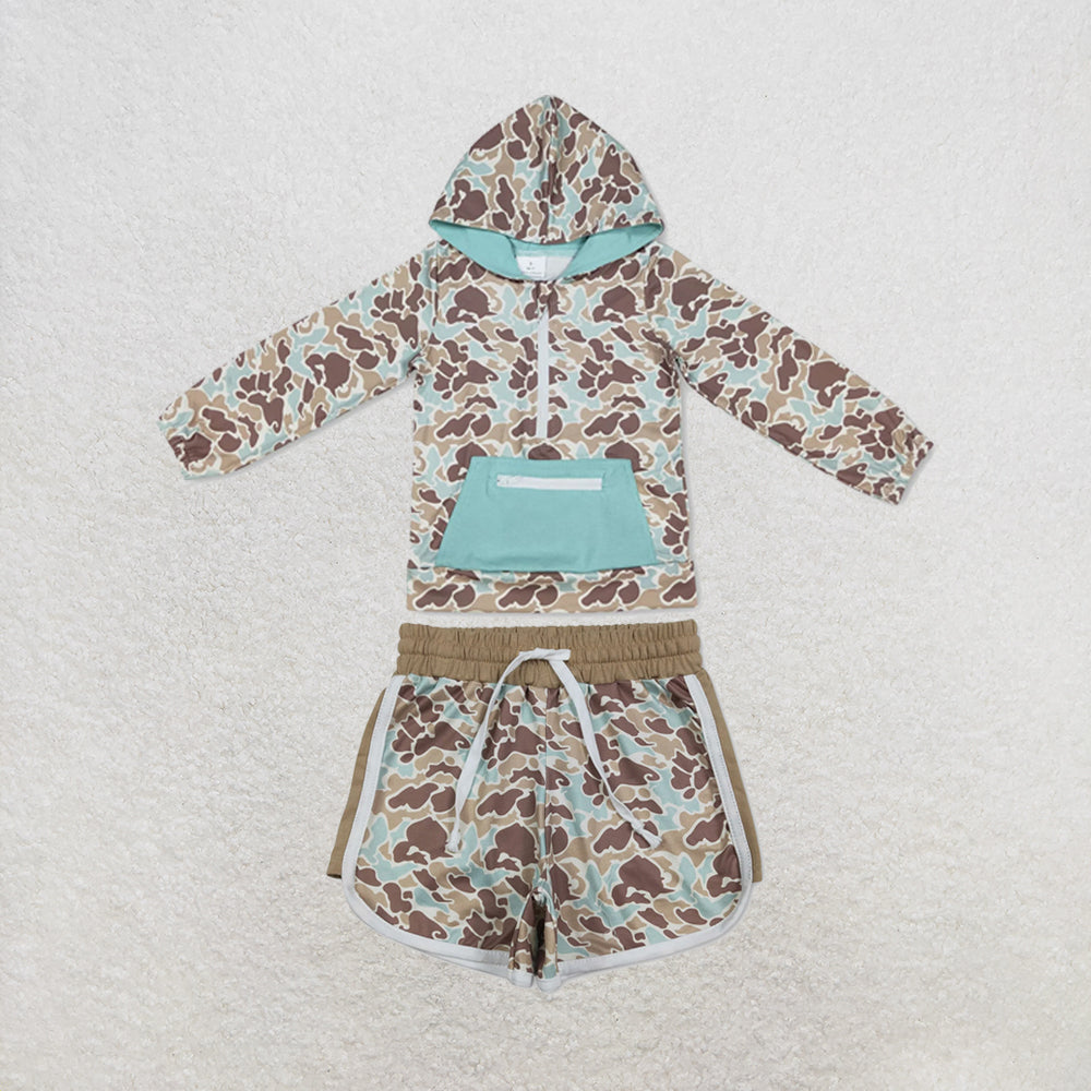RTS NO MOQ Sibling milk silk Baby Boys Camo Hoodie Top Pocket Short Casual Outfit