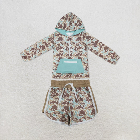 RTS NO MOQ Sibling milk silk Baby Boys Camo Print Long Sleeve Zip Pocket Pullover Matching Jogger Pant Two Piece Clothes Set（副本）
