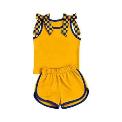 custom moq 5 mix size Baby Girls Checked Bow Strap Sleeveless Tank Top And Shorts Summer Outfit Set