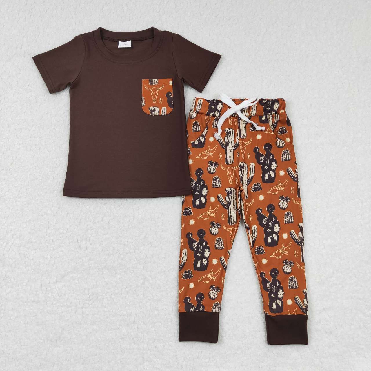 RTS NO MOQ（In Stock) BSPO0165 Alpine Cactus Pocket Short Sleeve Red Brown Pants Suit
