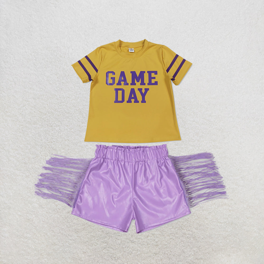 RTS NO MOQ Sibling yoga fabric Baby Girls Vinyl Purple Game Day Print Top Matching Shorts Two Piece Team Active Clothes Set