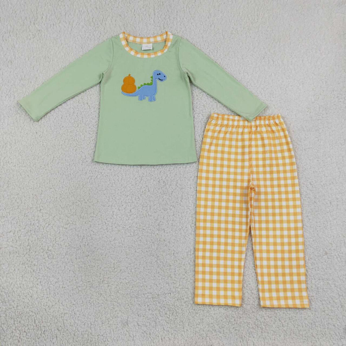 NEW RTS NO MOQ milk silk BLP1515 Embroidery Pumpkin Dinosaurs Baby Boys Top Checked Pants Fall Set