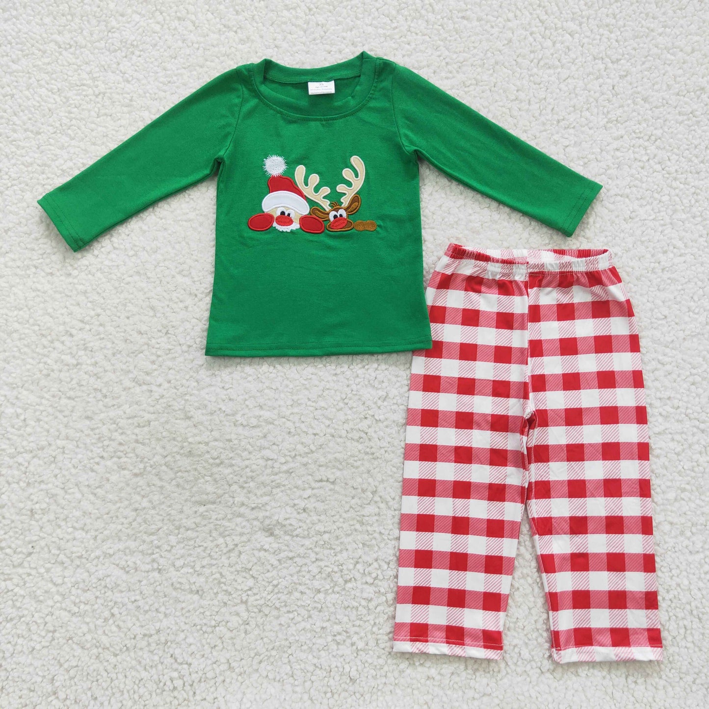 RTS NO MOQ（In Stock ) Embroidered Santa Reindeer Plaid Green Long Sleeve Pantsuit