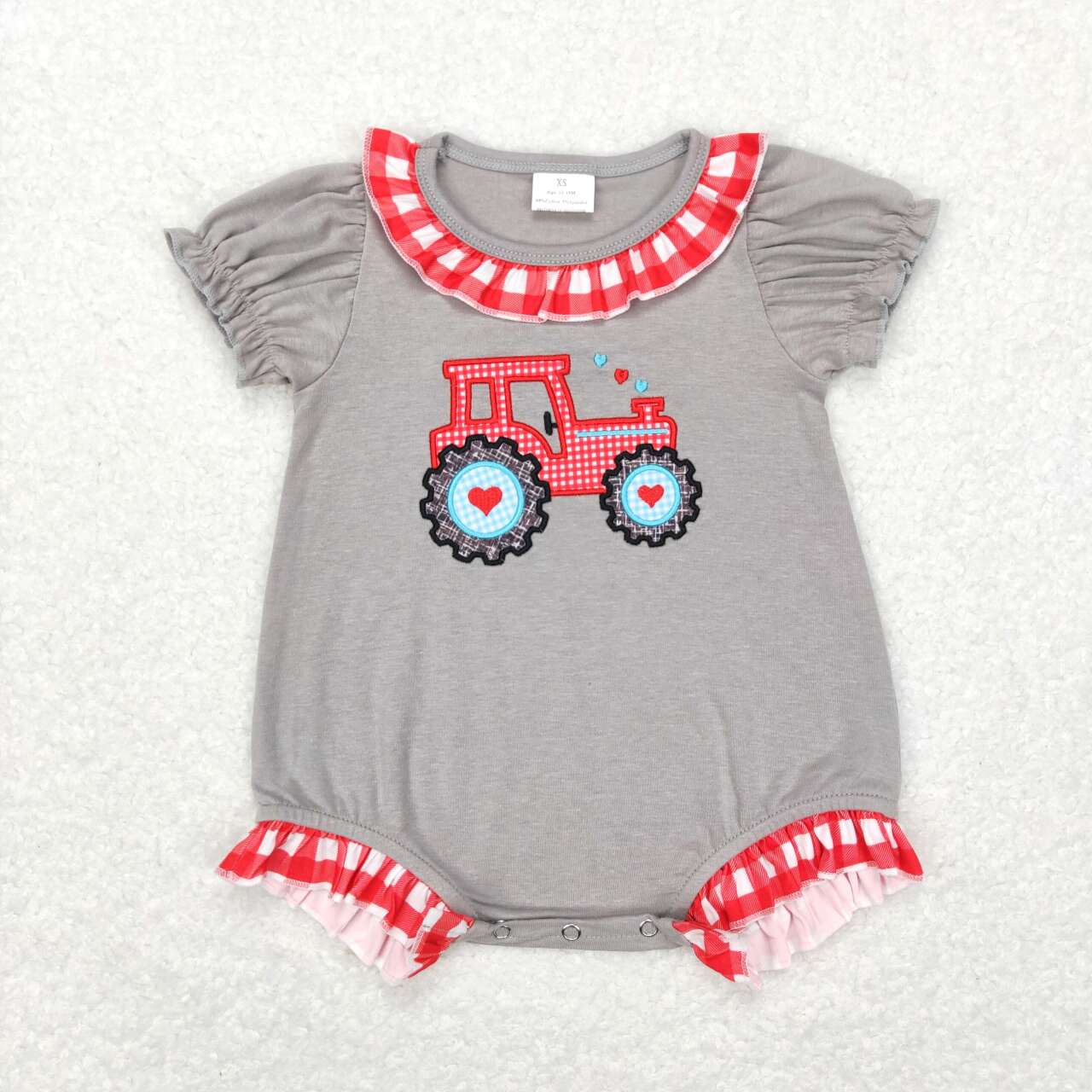 RTS NO MOQ（In Stock) SR0489 Embroidery Love Tractor red and white plaid lace short-sleeved jumpsuit