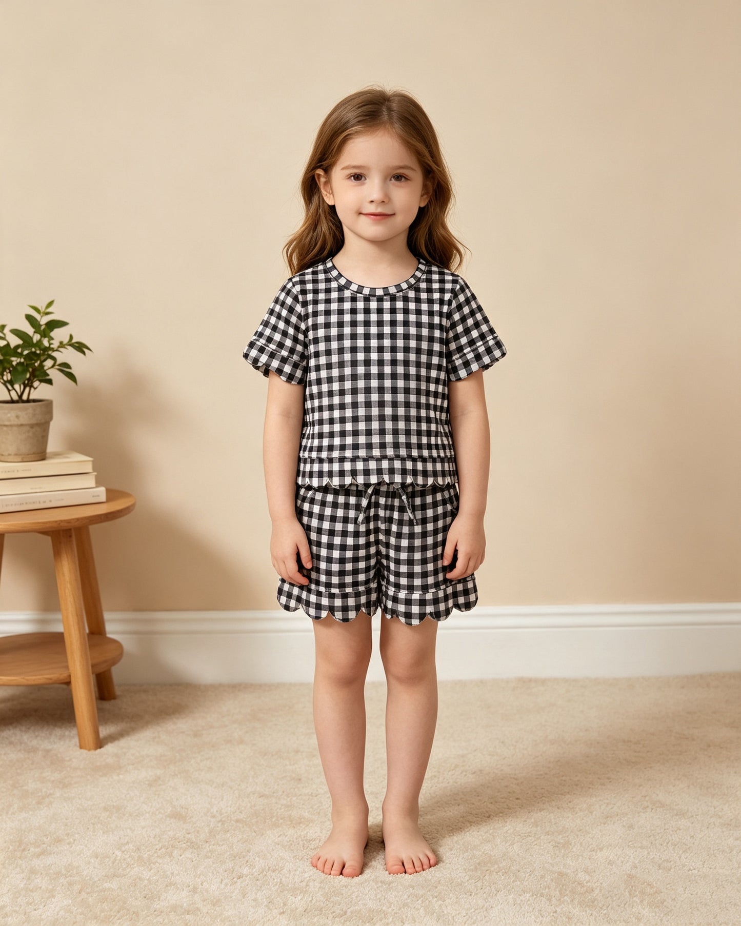 NEW RTS NO MOQ milk silk GSSO3842 drawstring on these functional Baby Girls Black Check Shirt Top Scallop Shorts Clothes Set