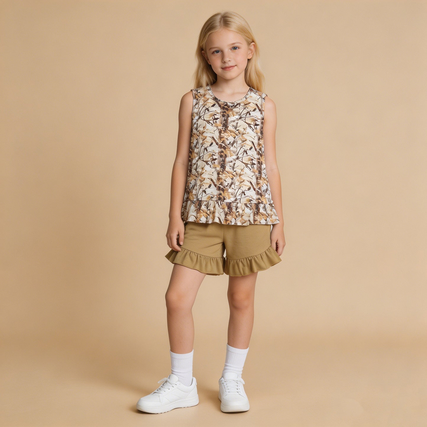RTS NO MOQ milk silk GSSO3467 Baby Girls Sleeveless Leaves Camouflage Tunic Top with Ruffle Shorts Outfit Set