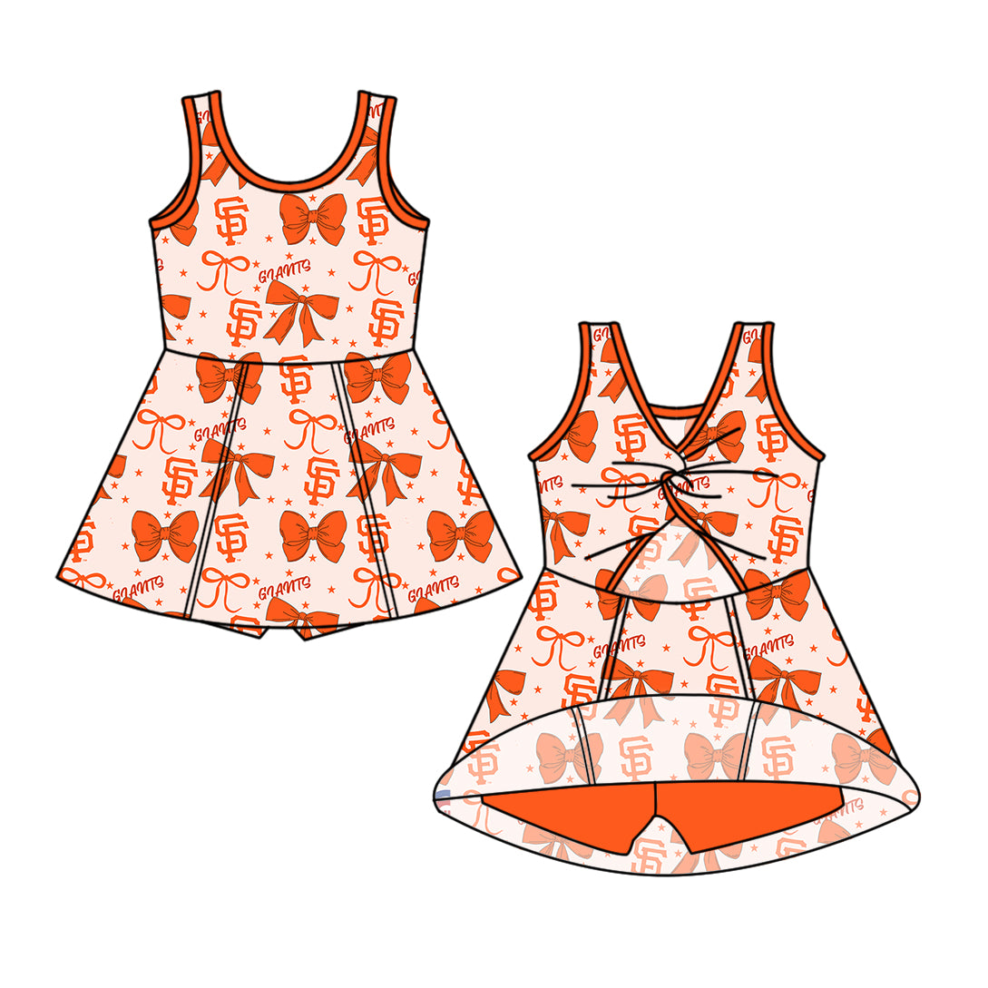 Custom moq 5 mix size milk silk summer teams baby girls clothes team bow orange long sleeve hooded pants sets and dress 1 and dress 2 and romper-25.6.16