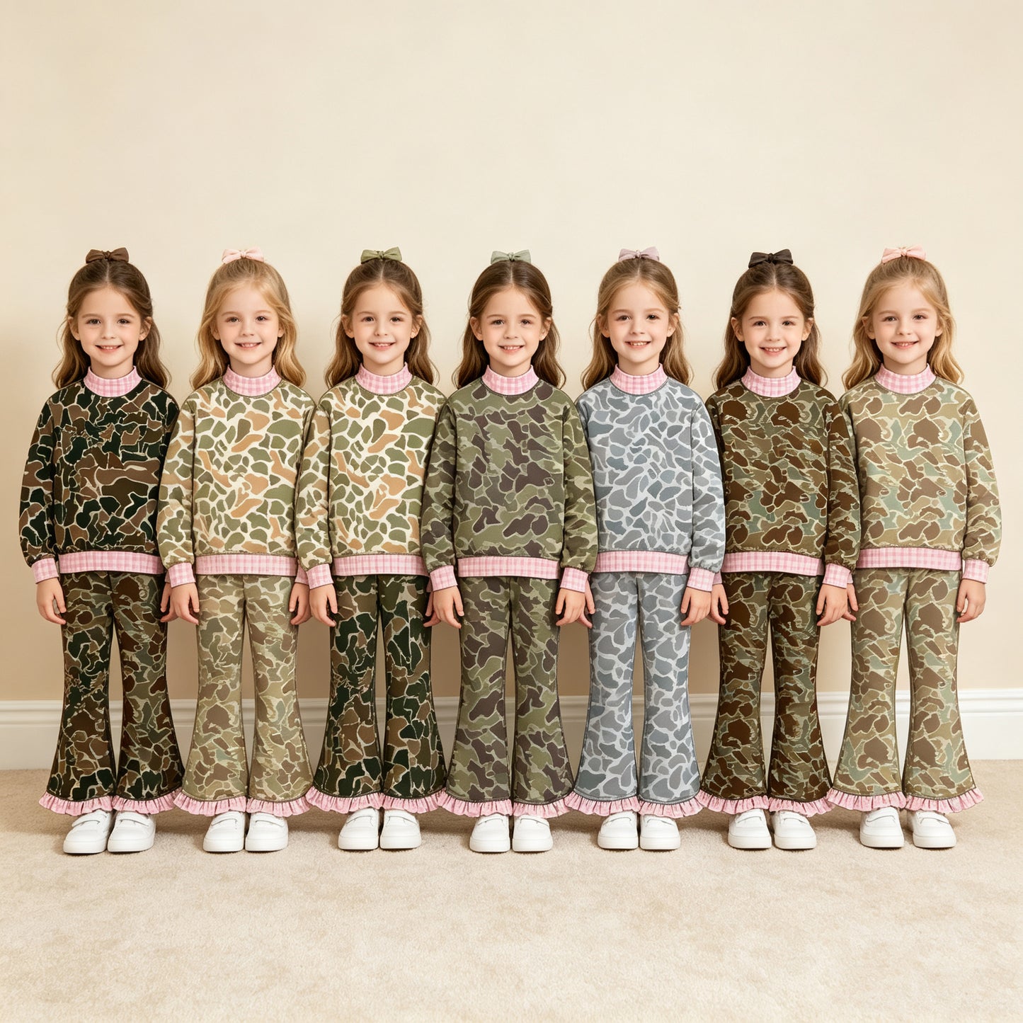 (Preorder new) No moq Baby Girls High Neck Camo Long Sleeve Top Ruffle Hem Flare Pant Set