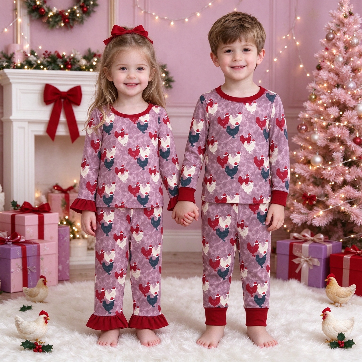 Baby Girls Christmas Chicken Collection - Red Ruffle PJ Set & Boys Solid Cuff PJ Set