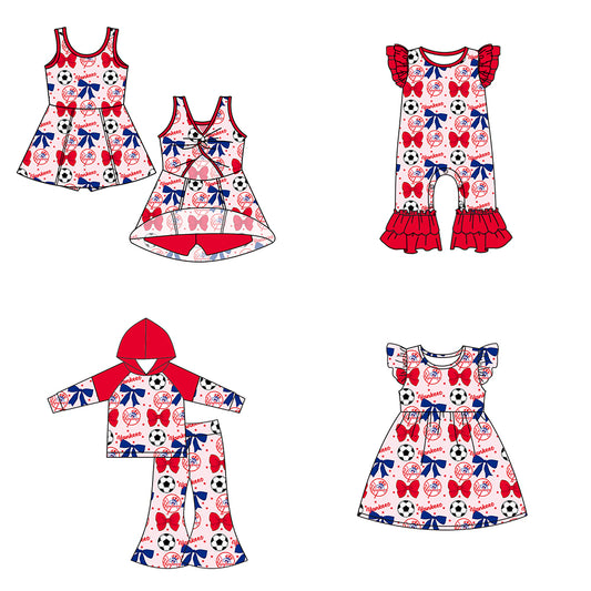 Custom moq 5 each style summer teams baby girls clothes team bow red long sleeve hooded pants sets and dress 1 and dress 2 and romper-25.6.14