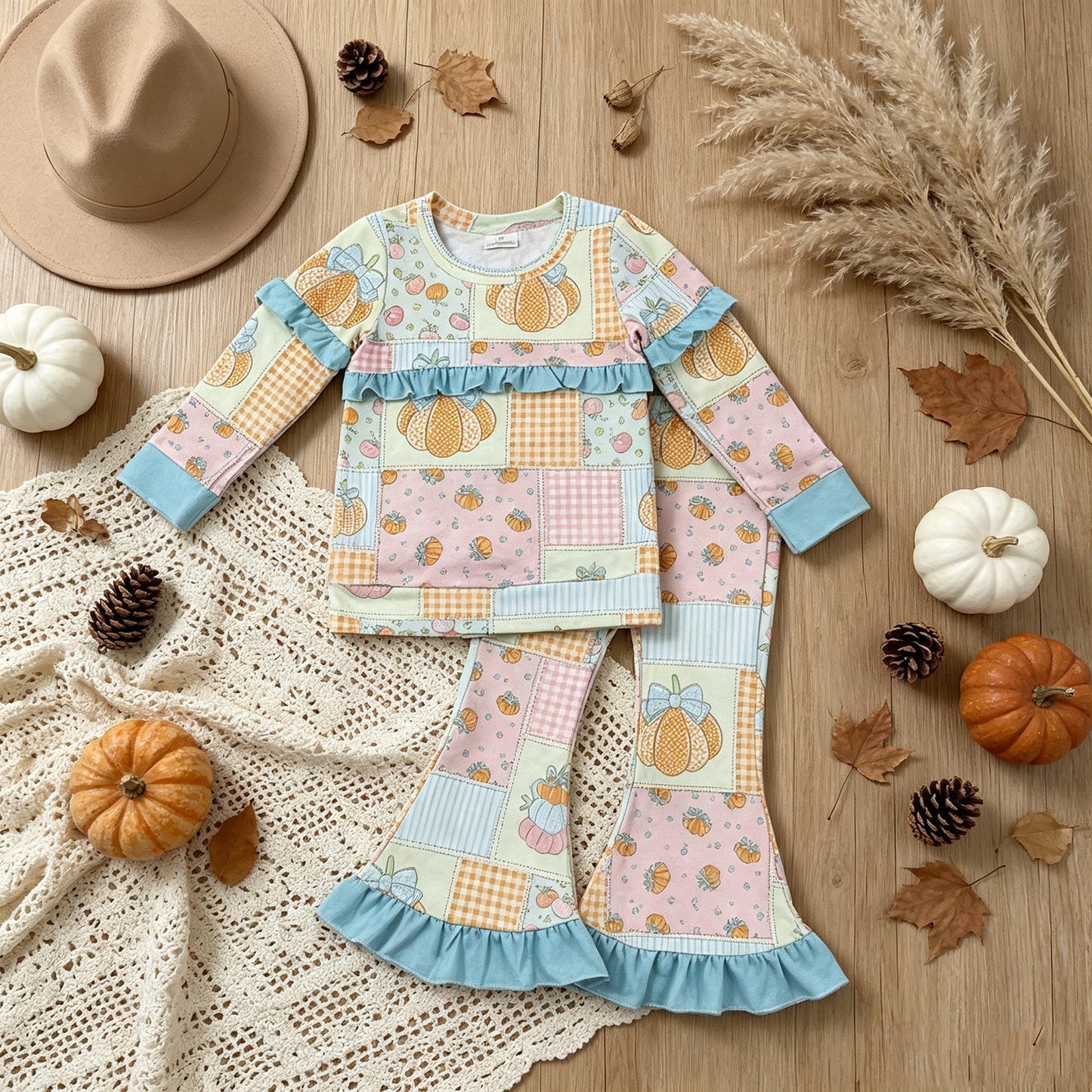 RTS No moq milk silk GLP3503 Baby Girls Flowers Bows Pumpkins Top Flare Ruffle Pant Fall Clothes Sets