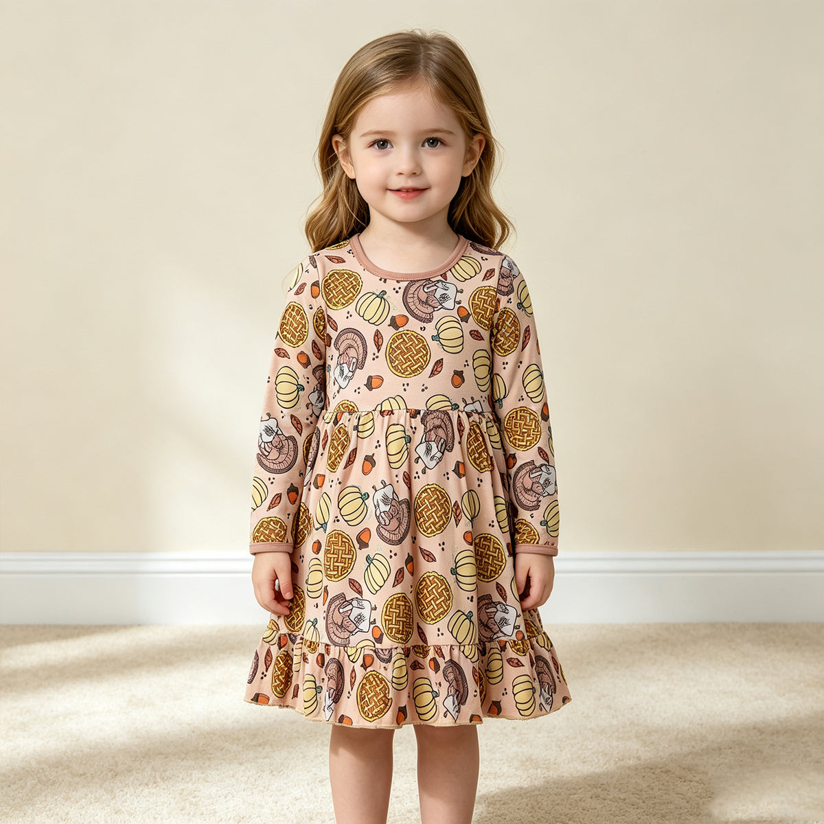 NEW RTS NO MOQ milk silk GLD1691 Baby Girls Pumpkins Turkey Thanksgivings Ruffle Knee Length Cute Dress