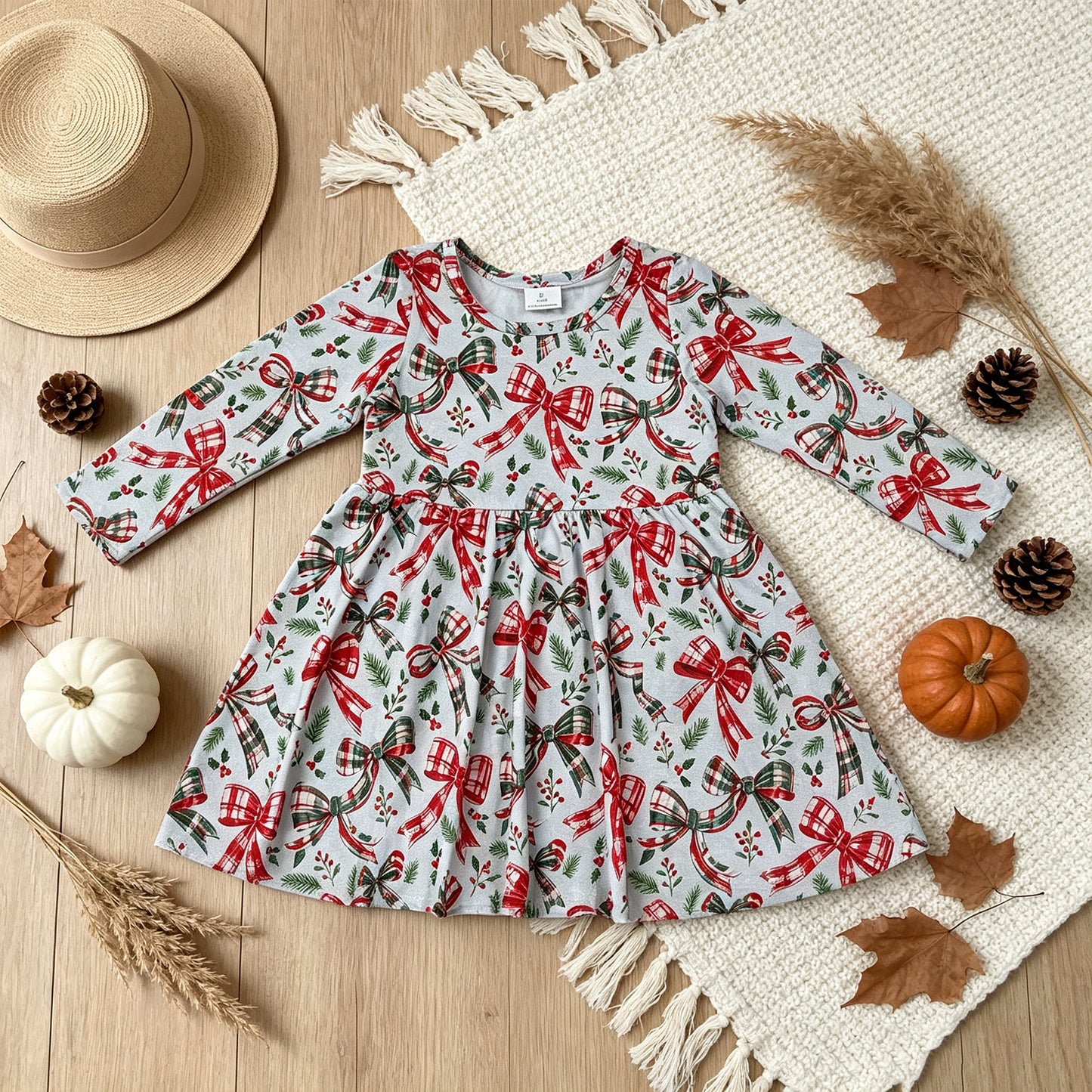 NEW RTS NO MOQ milk silk GLD1709  Baby Girls Green Red Plaid Check Print Bow Floral Long Sleeve Knee Length Christmas Casual Dress