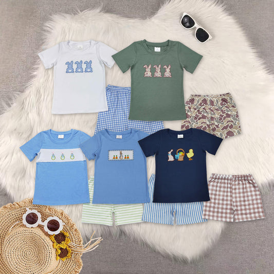 RTS NO MOQ Sibling baby boy clothes embroidery easter short sleeve shorts sets