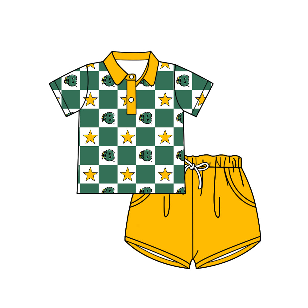 Custom moq 5 mix size milk silk summer teams Green Checked Bows Baby Girl Sleeveless Top Skirt Short Set Dress And Shorts Yoga Outfit Boy's Top Shorts Set Romper