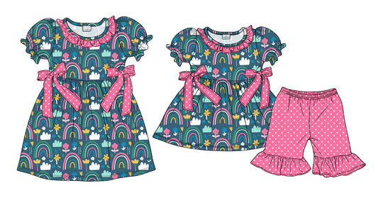 3.24  Custom moq 5 mix size Sibling Baby Girl's Short-Sleeved Top with Bow And Pink Short Set Cute Short-Sleeved Dress for Summer